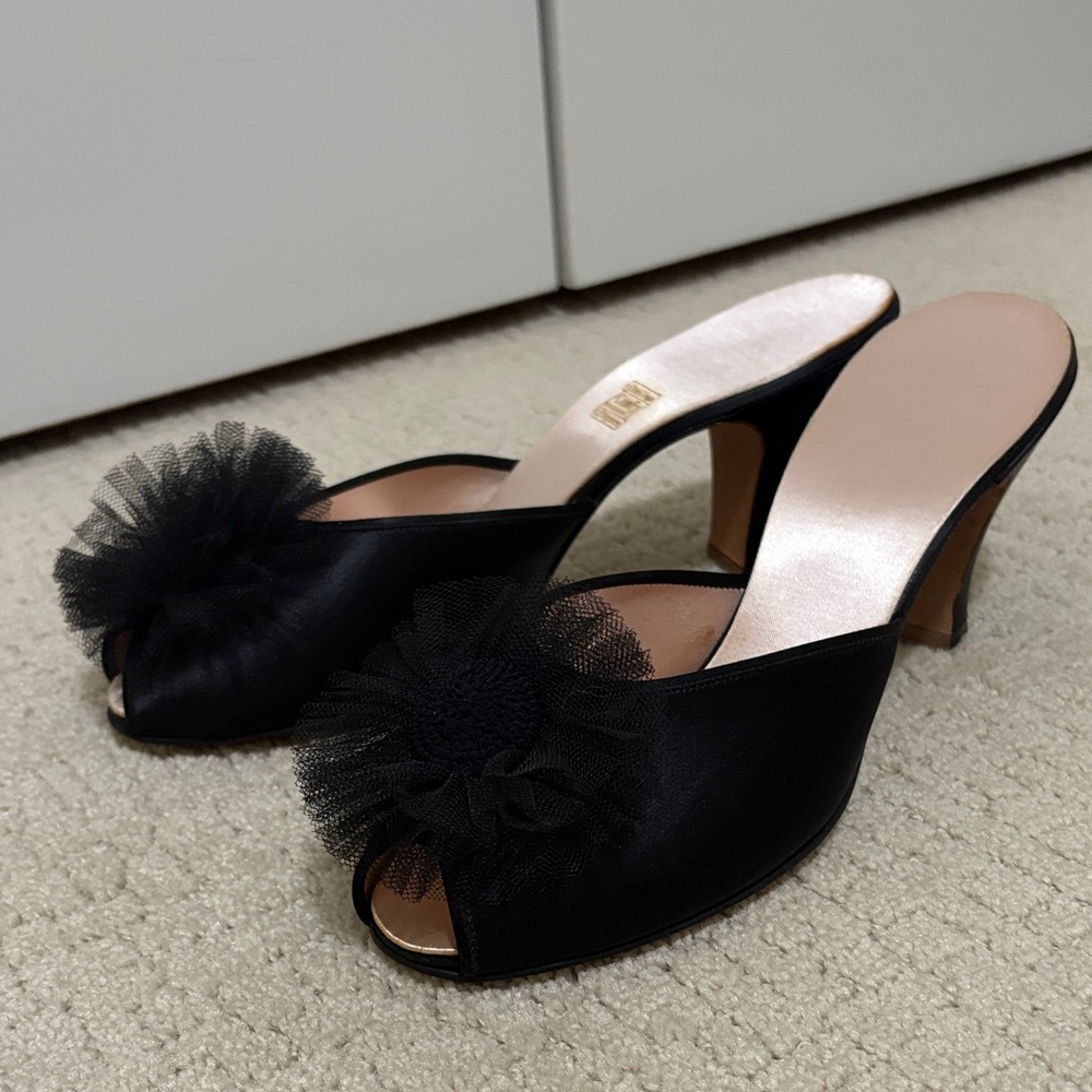 Daniel Green black Satin Peep-Toe Heels with Tulle Pom Trim